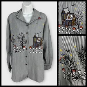 Karen Scott Women's XL Striped Halloween Haunted House Embroidered Blouse Top